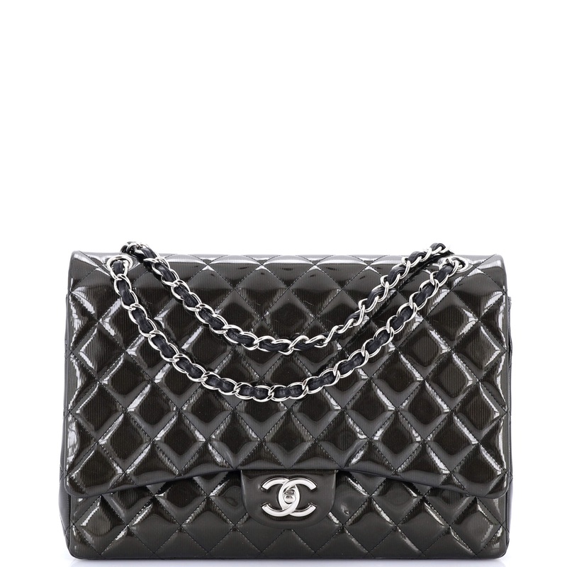 Classic Double Flap Bag Quilted Striated Metallic Patent Maxi