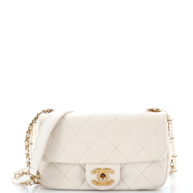 Crystal Pearls Chain Flap Bag Quilted Calfskin Small