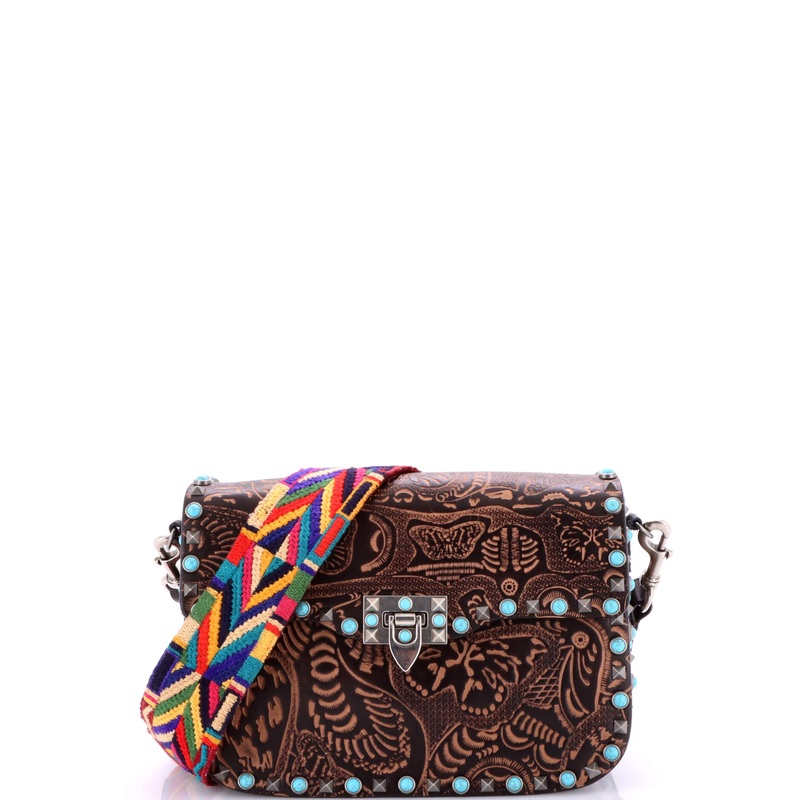 Rolling Rockstud Crossbody Bag Santeria Embossed Leather with Cabochons Medium