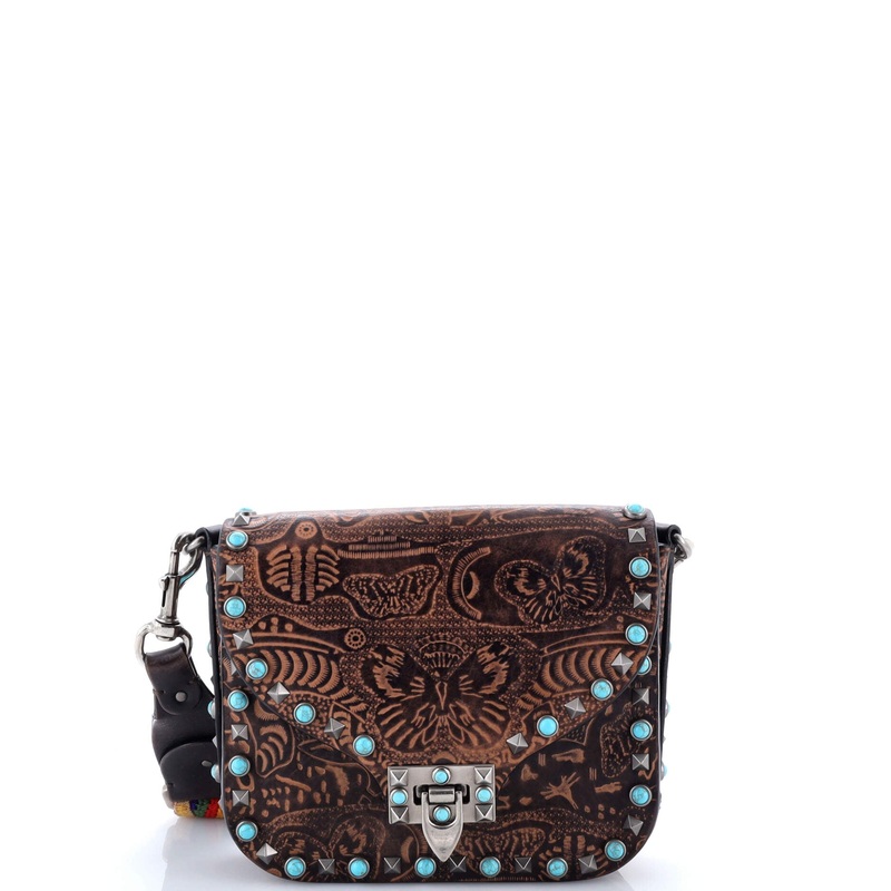 Rolling Rockstud Crossbody Bag Santeria Embossed Leather with Cabochons Small