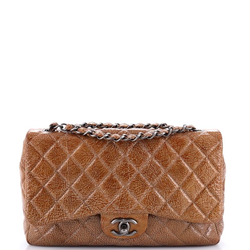 Vintage Classic Single Flap Bag Quilted Crinkled Patent Jumbo
