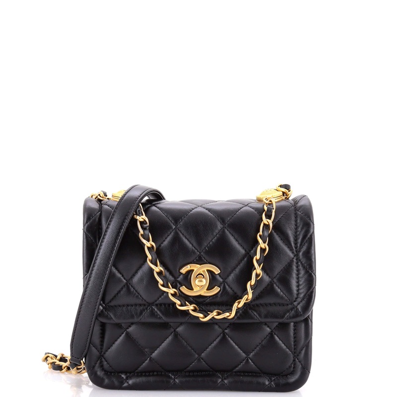 Button on Top Flap Bag Quilted Shiny Lambskin Small