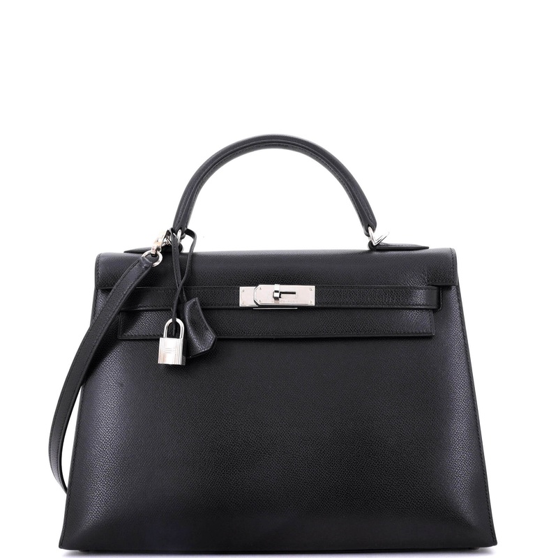 Kelly Handbag Noir Veau Grain Lisse with Palladium Hardware 32