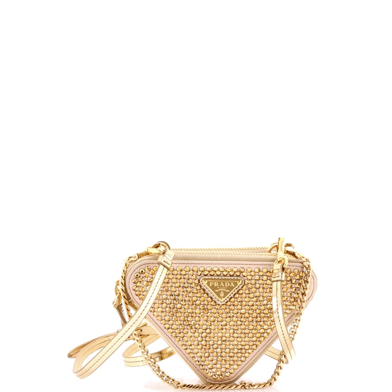 Triangle Double Pouch Crossbody Crystal Embellished Satin Mini