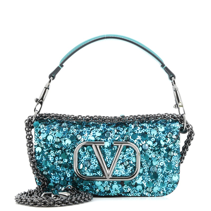 VLogo Loco Flap Shoulder Bag Sequin Embellished Leather Small