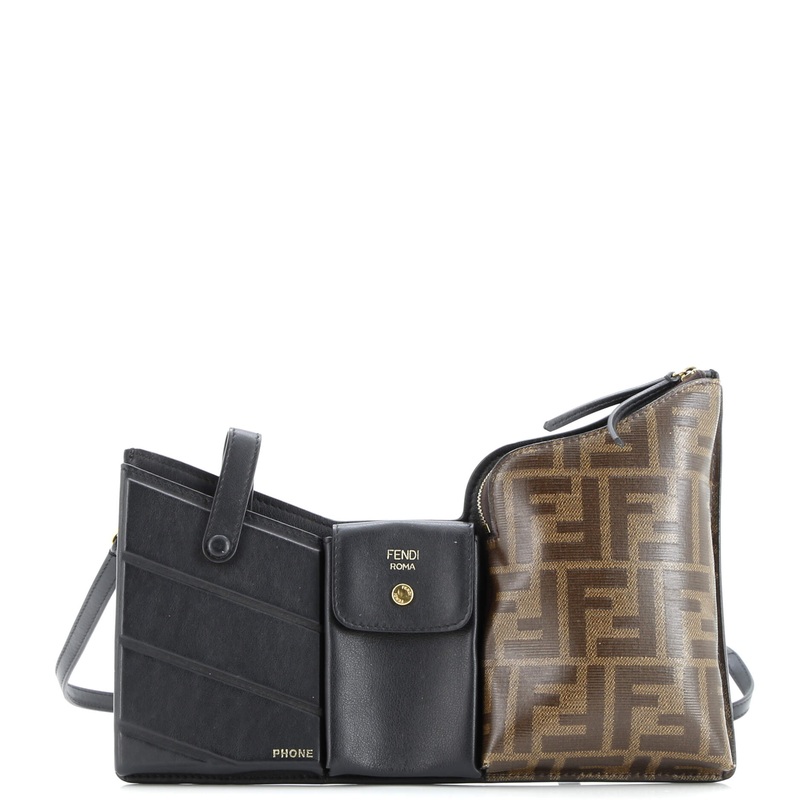 Bustine 3 Pockets Crossbody Bag Leather and Zucca Coated Canvas Mini