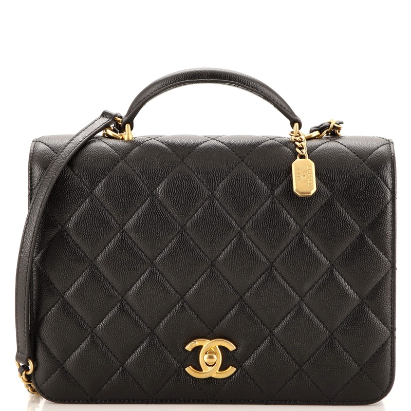 CC Top Handle Chain Full Flap Bag Quilted Caviar Medium