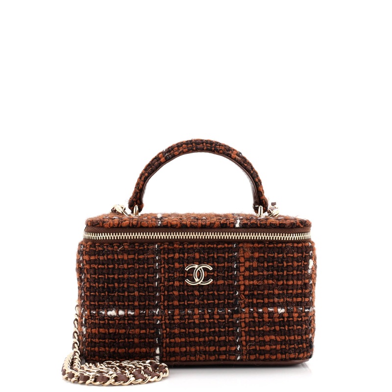 Classic Top Handle Vanity Case with Chain Quilted Tweed Small