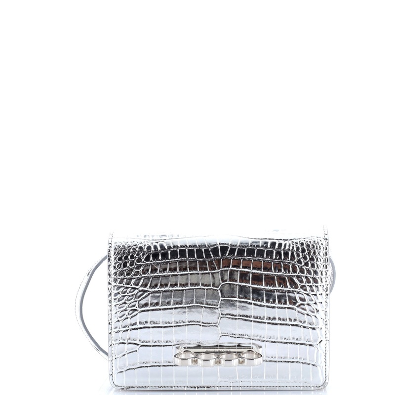 Four Ring Flap Shoulder Bag Crocodile Embossed Leather Small