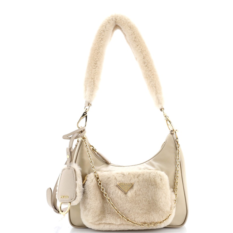 Front Pocket Zip Shoulder Bag Re-Nylon and Shearling Mini