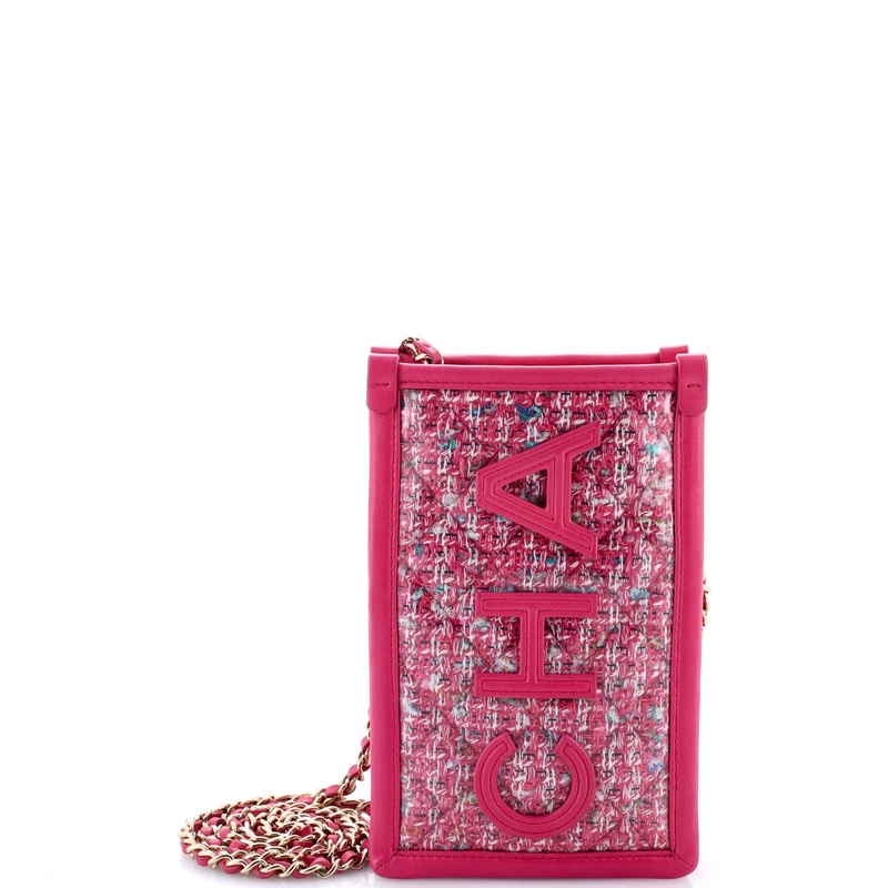 Logo Phone Clutch with Chain PVC Over Quilted Tweed