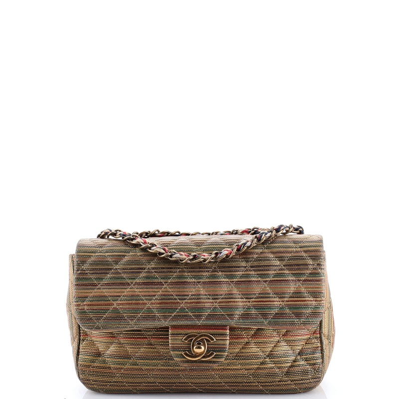 Multicolor Stripe Flap Bag Raffia Effect Braided Chain Small