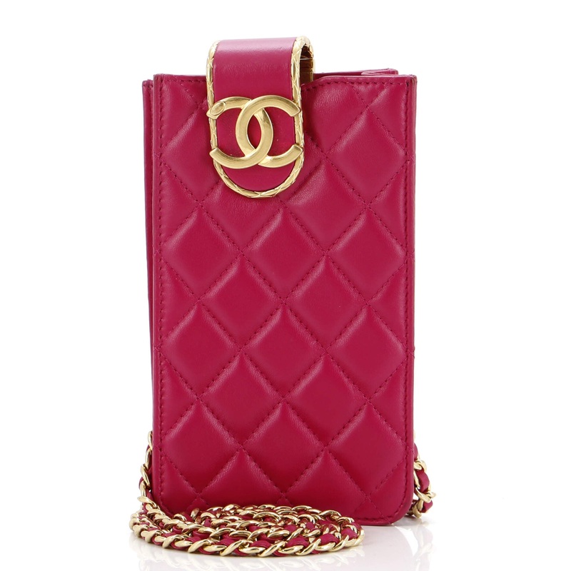 Quilt Metal Edge CC Phone Holder with Chain Quilted Lambskin