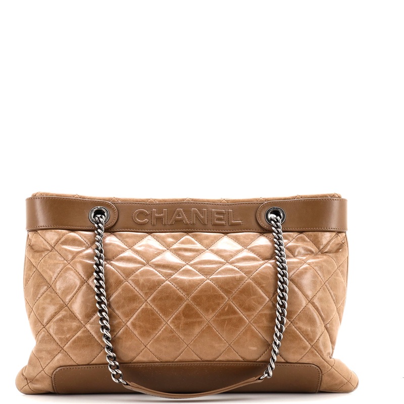 Aged Chain Logo Shopping Tote Quilted Aged Calfskin Large