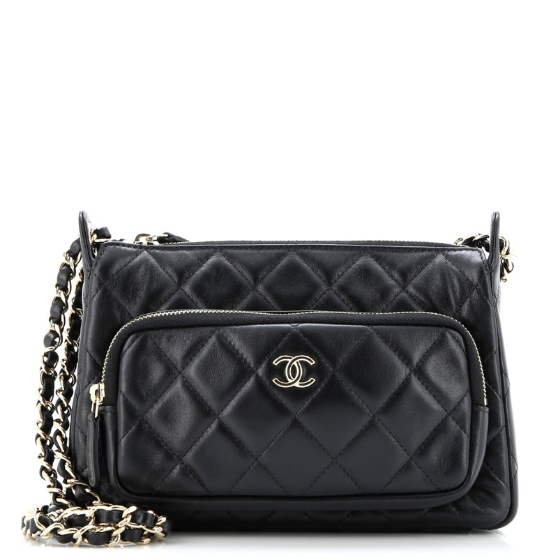 CC Front Pocket Zip Clutch with Chain Quilted Lambskin Large