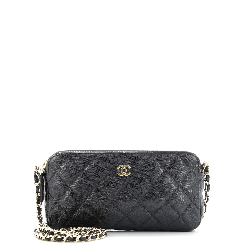 Double Zip Clutch with Chain Quilted Caviar