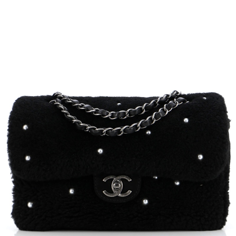 CC Chain Flap Bag Pearl Embellished Shearling Medium