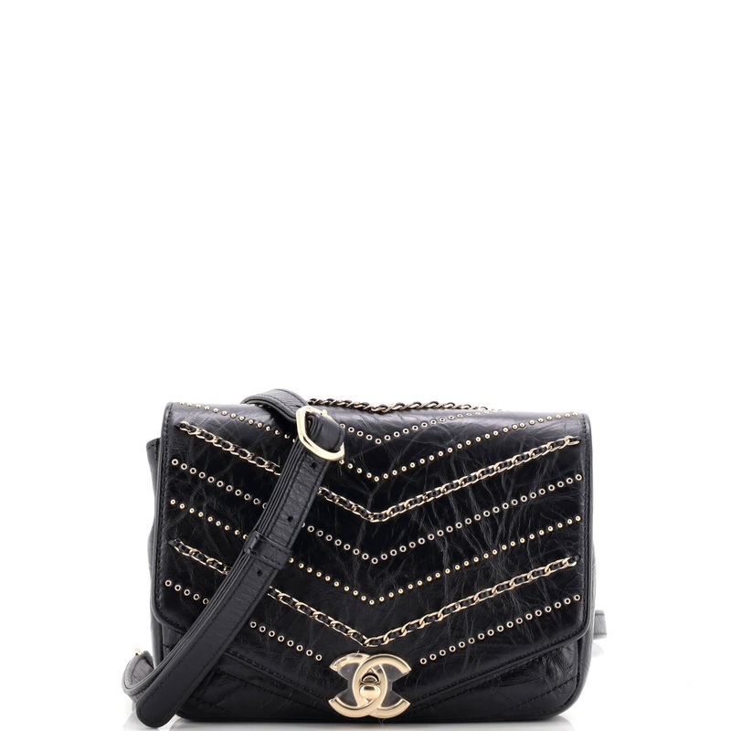 Envelope Square Chain Flap Bag Chevron Embellished Calfskin Mini
