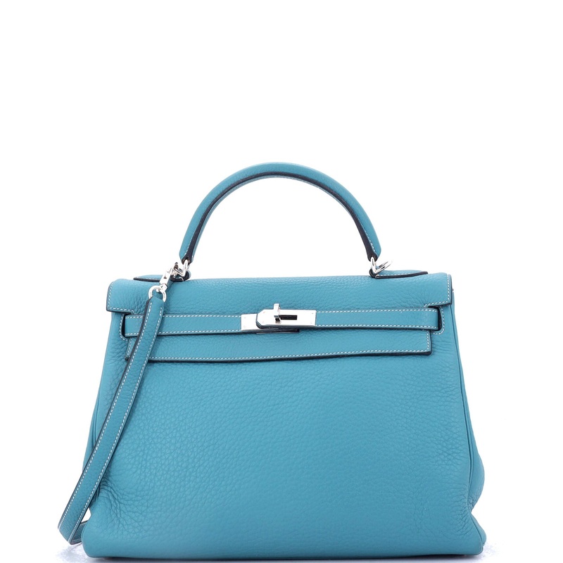 Kelly Handbag Bleu Jean Clemence with Palladium Hardware 32