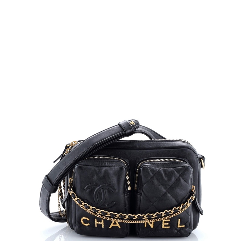 Logo Twin Pockets Chain Camera Case Quilted Calfskin Small
