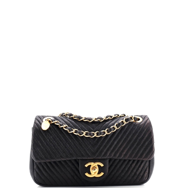 Medallion Charm Flap Bag Chevron Wrinkled Lambskin Small
