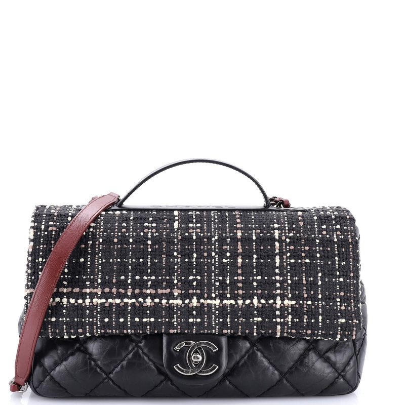 CC Top Handle Flap Bag Tweed and Quilted Aged Calfskin Medium