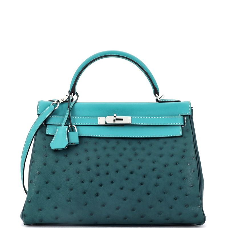 Kelly Handbag Tricolor Ostrich with Swift and Clemence and Palladium Hardware 32