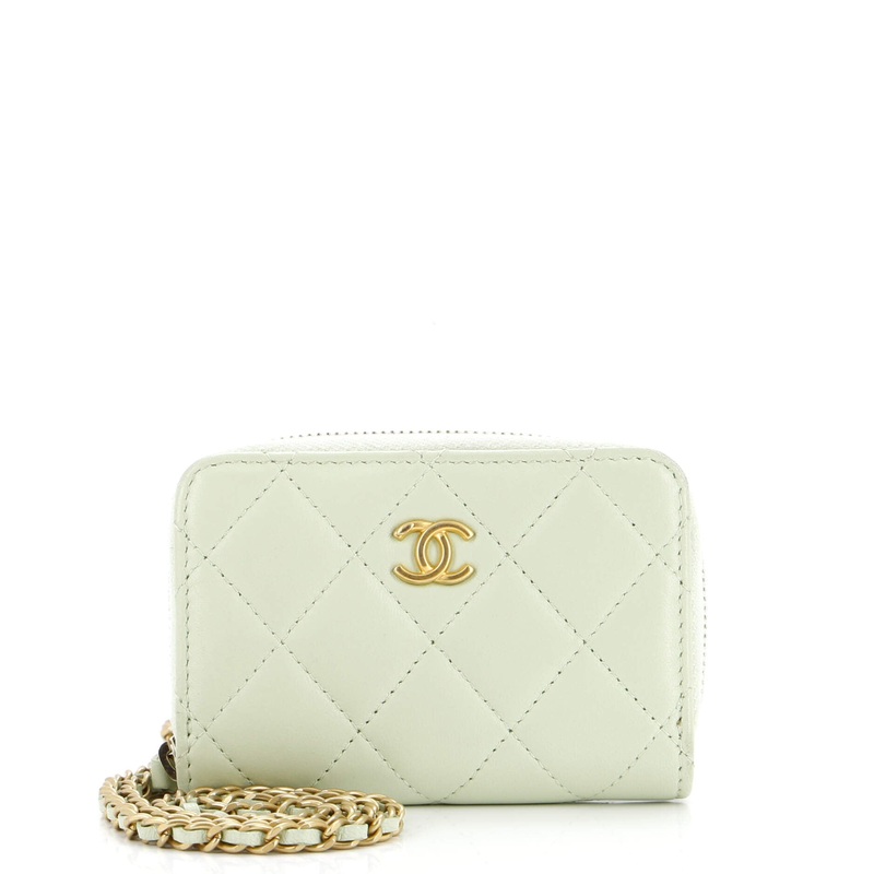Pearl Crush Zip Around Card Holder on Chain Quilted Lambskin