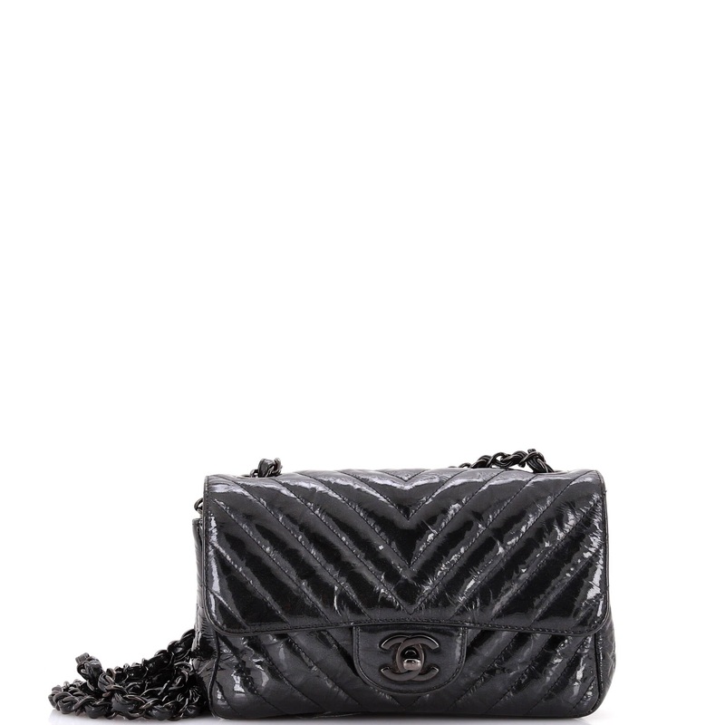 So Black Classic Single Flap Bag Chevron Crumpled Patent Mini