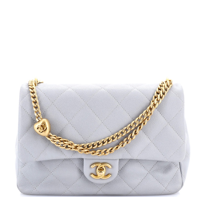 Sweet Heart Chain Flap Bag Quilted Caviar Medium