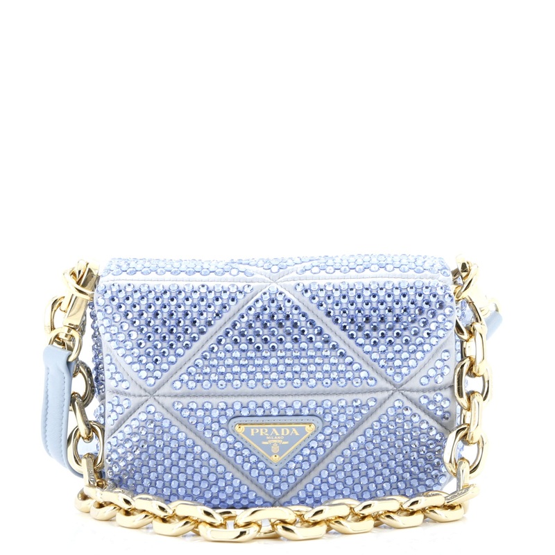 Triangle Chain Flap Bag Crystal Embellished Quilted Satin