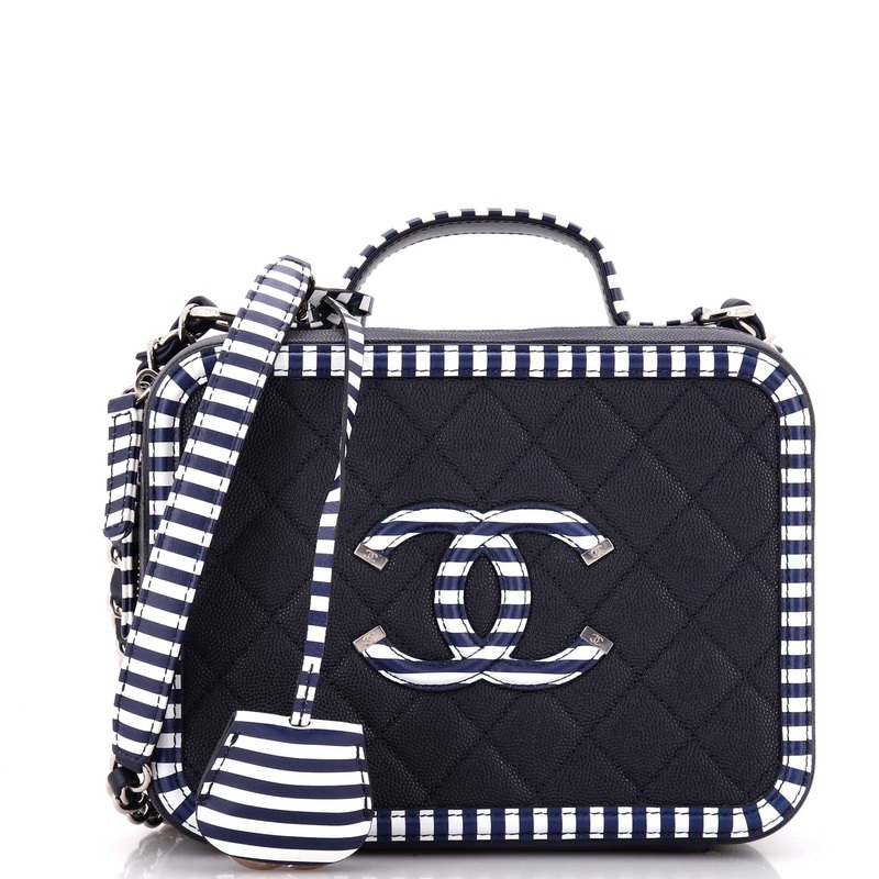 Filigree Vanity Case Quilted Caviar with Striped Leather Medium