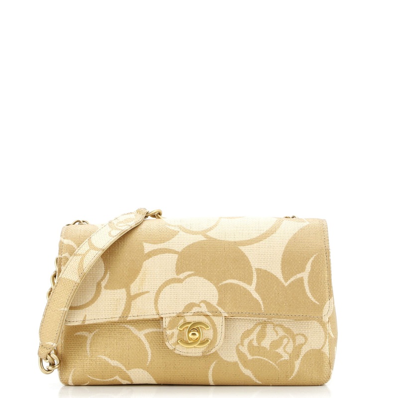 Vintage Camellia Single Flap Bag Printed Raffia Medium