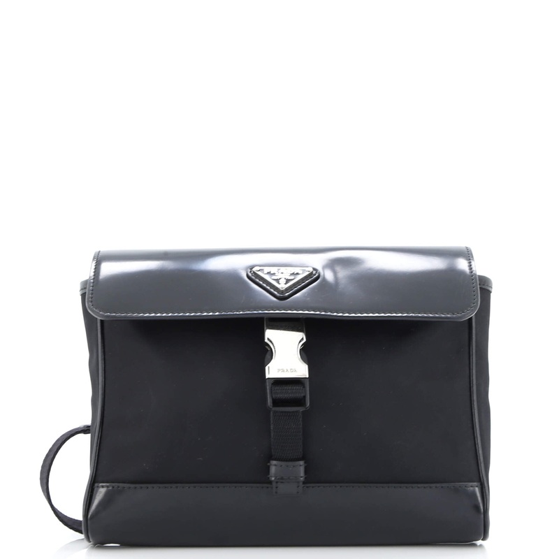 Buckle Flap Crossbody Bag Re-Nylon and Leather Small