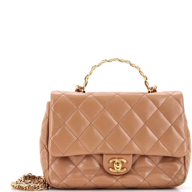 Golden Links Top Handle Flap Bag Quilted Shiny Lambskin Medium