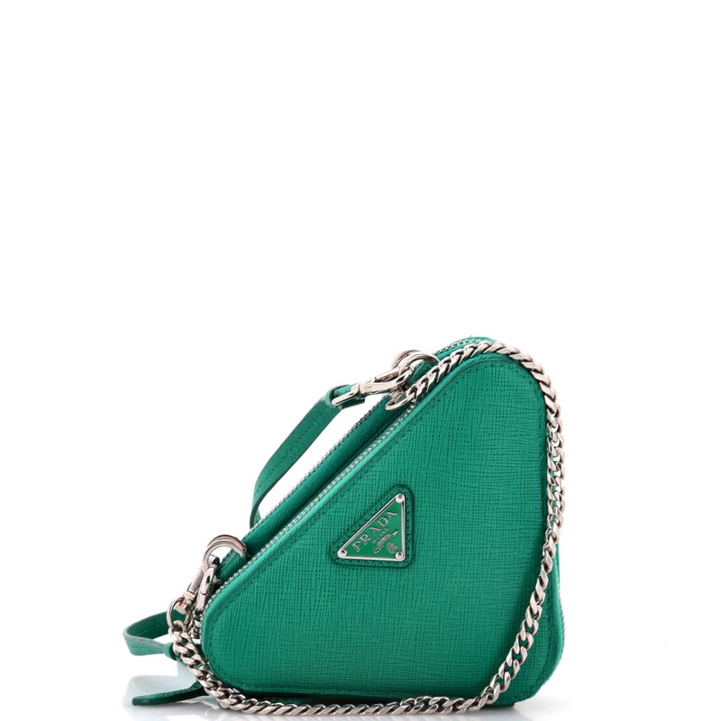 Triangle Double Zip Pouch Bag with Chain Saffiano Leather Mini