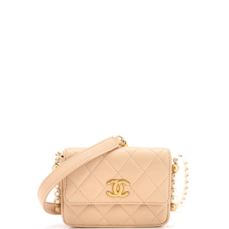 About Pearls Flap Card Holder with Chain Quilted Calfskin