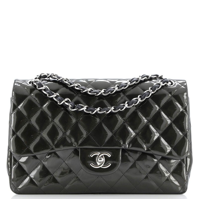 Classic Double Flap Bag Quilted Striated Metallic Patent Jumbo