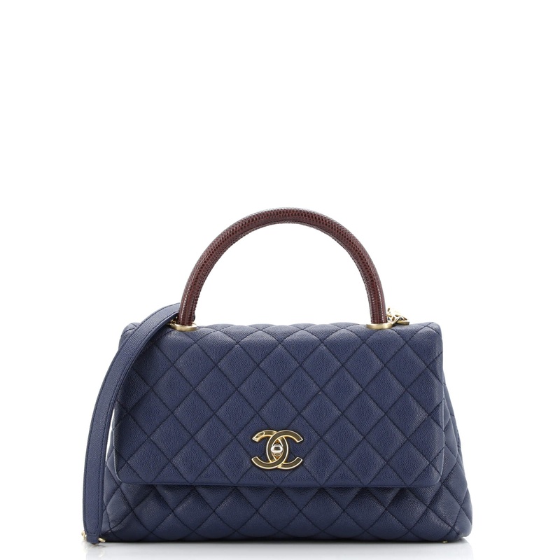 Coco Top Handle Bag Quilted Caviar with Lizard Embossed Handle Small