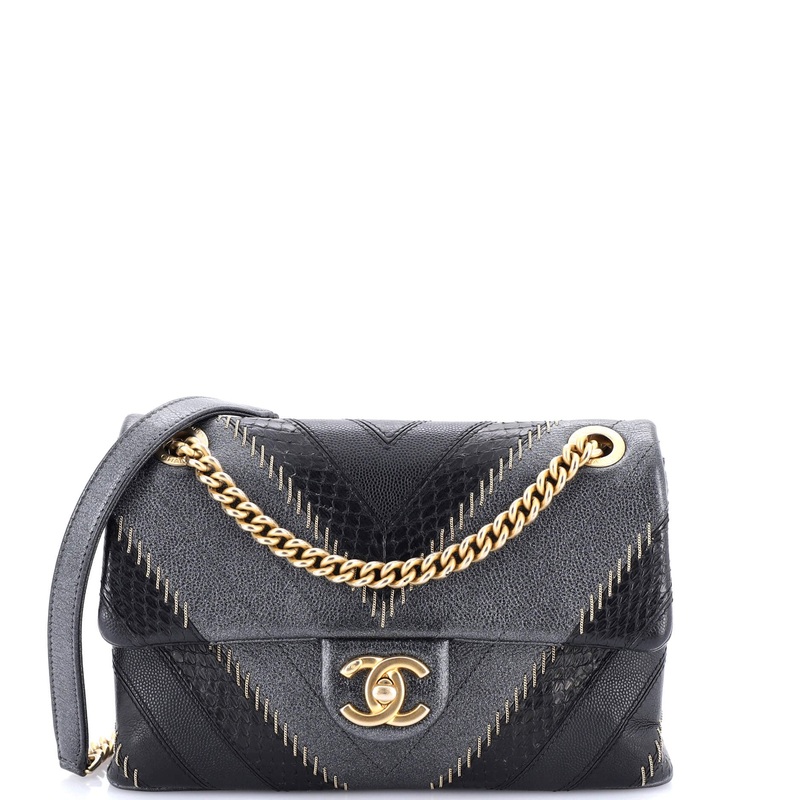 Cuba CC Flap Bag Whipstitch Chevron Leather and Python Medium