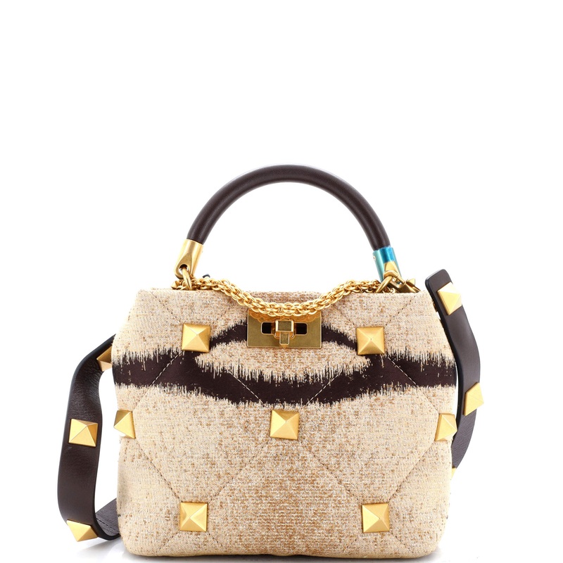 Roman Stud Top Handle Bag Quilted Printed Jacquard with Leather Small