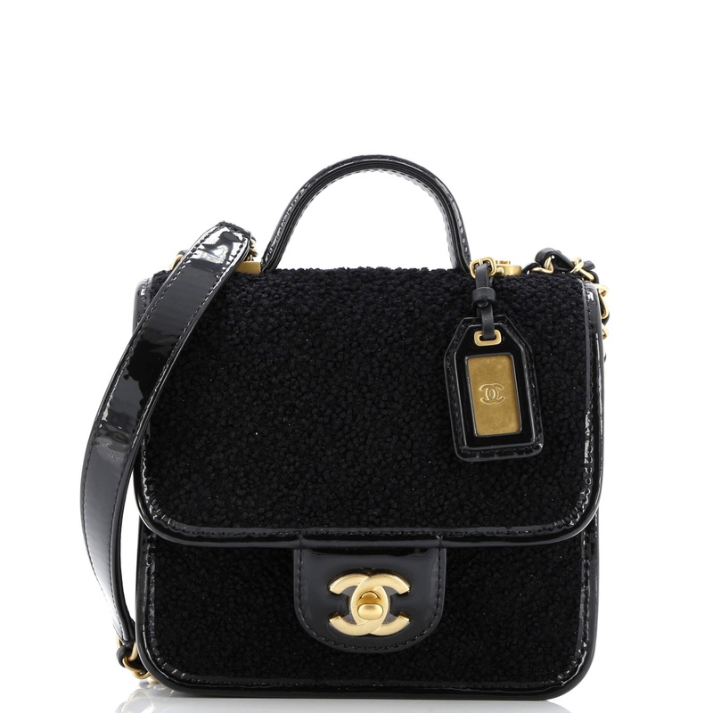 School Memory Top Handle Flap Bag Quilted Tweed with Patent Mini