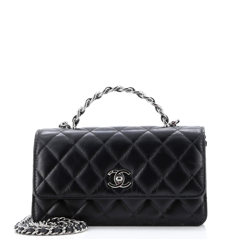 Top Handle Phone Holder with Chain Quilted Lambskin with Crystals