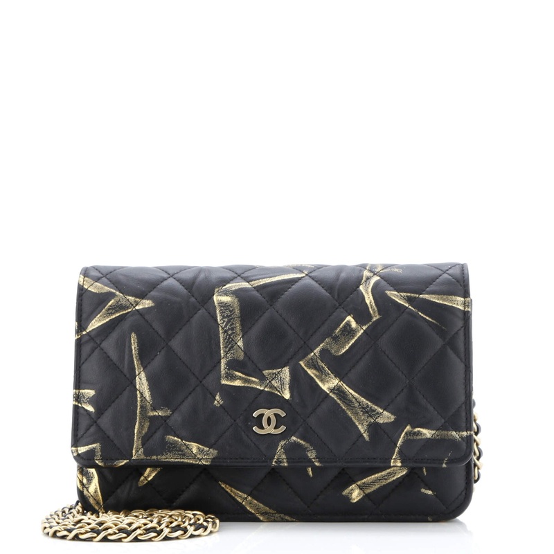 Wallet on Chain Quilted Printed Crumpled Calfskin
