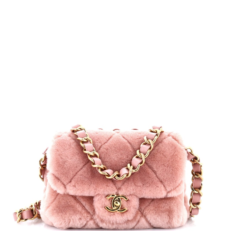 CC Bar Chain Handle Flap Bag Quilted Shearling Small