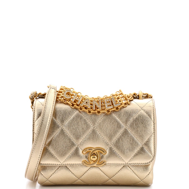 Crystal Logo Letters Chain Handle Flap Bag Quilted Lambskin Mini