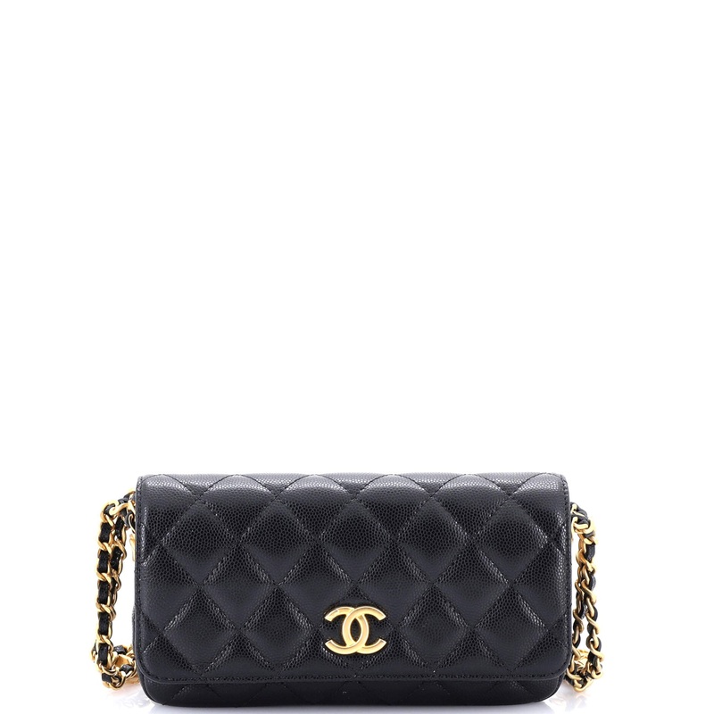 Twist Your Buttons Flap Clutch with Chain Quilted Caviar