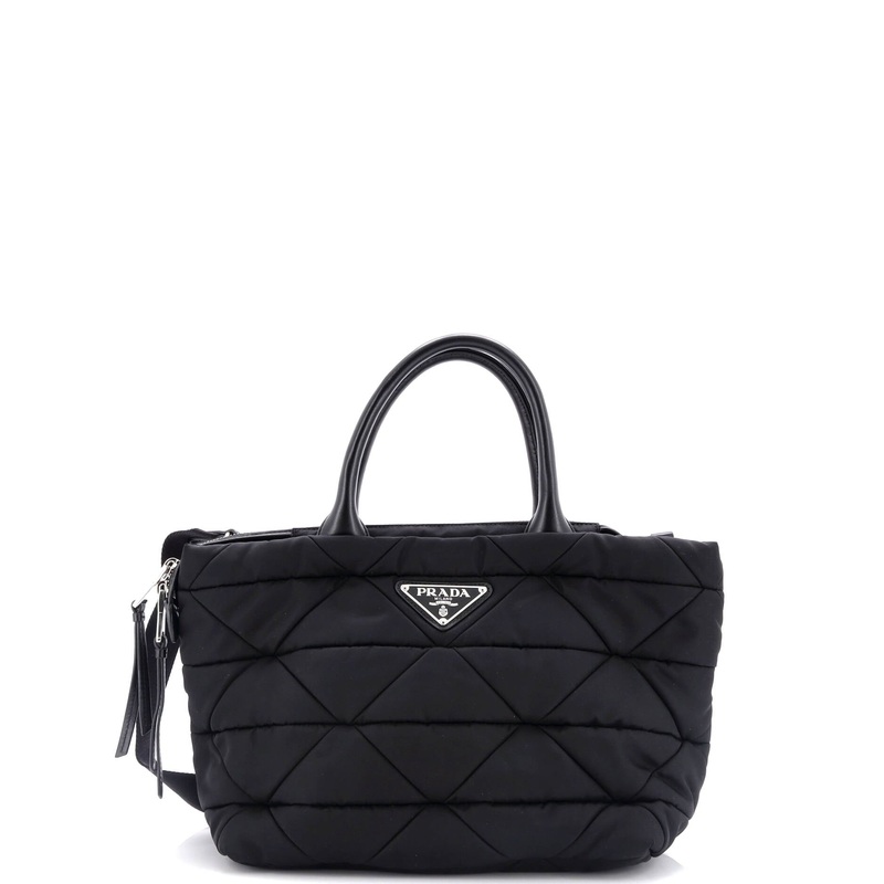 Padded Tote Bag Quilted Re-Nylon with Leather Small
