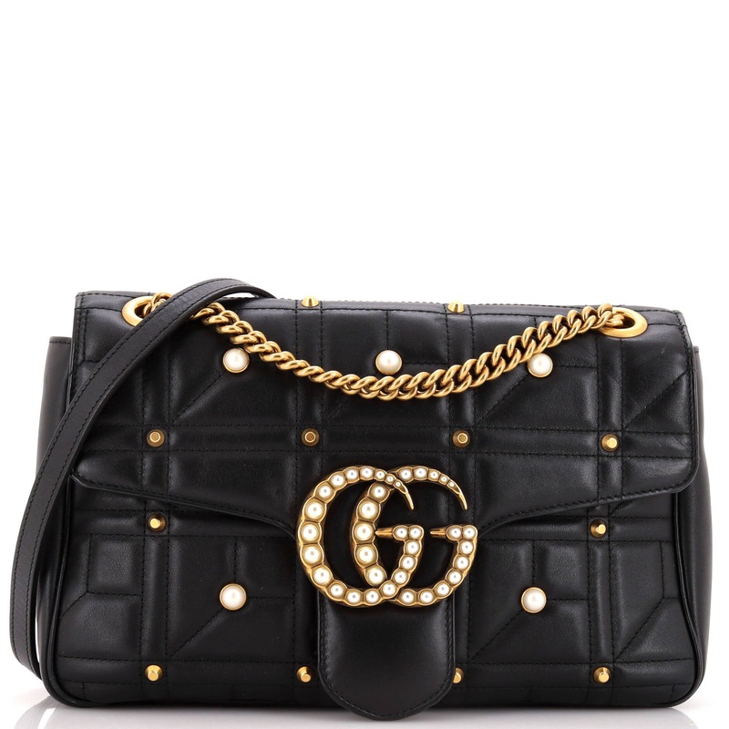 Pearly GG Marmont Flap Bag Embellished Matelasse Leather Medium
