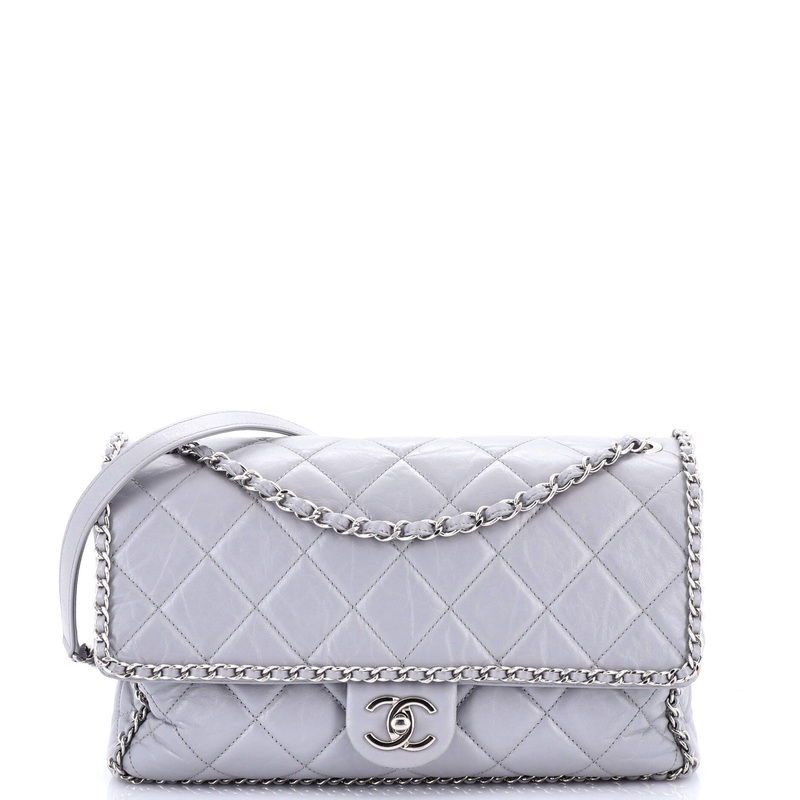 Running Chain Around Flap Bag Quilted Crumpled Calfskin Large